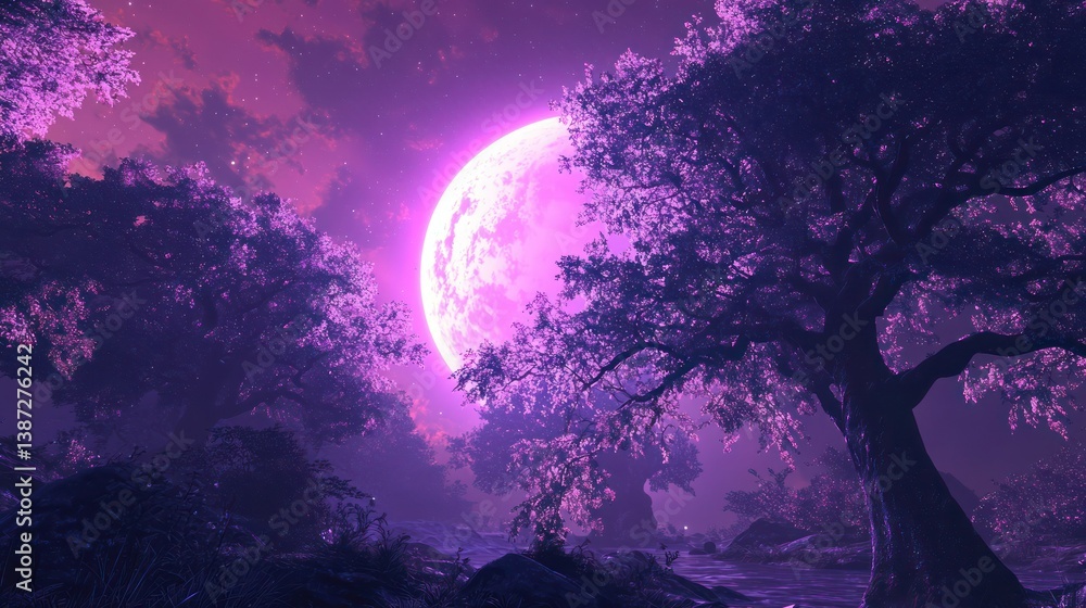 Fototapeta premium A celestial garden planet where the trees glow under a violet sun.