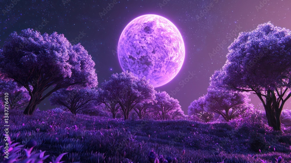 Fototapeta premium A celestial garden planet where the trees glow under a violet sun.