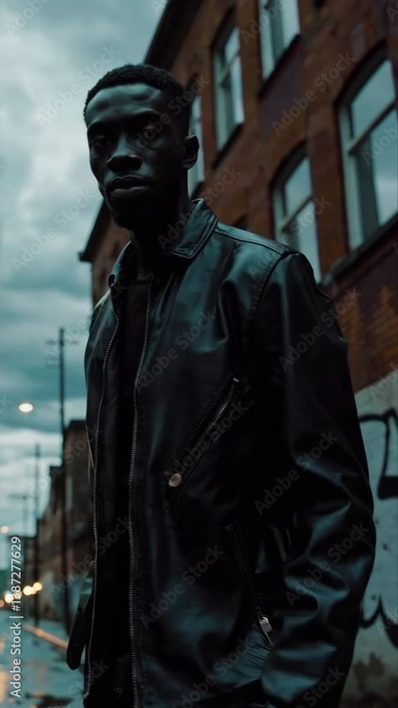 Young man wearing leather jacket posing in urban setting Young man wearing leather jacket posing in urban setting