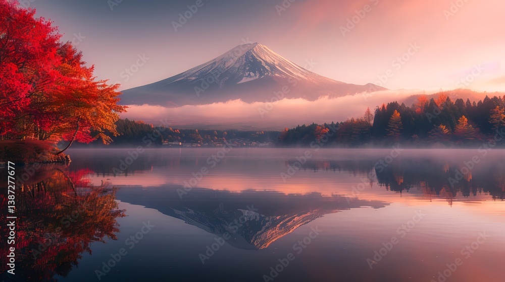 Colorful autumn trees with mount fuji and lake kawaguchiko view