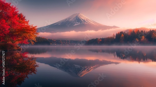 Obraz na płótnie Colorful autumn trees with mount fuji and lake kawaguchiko view w salonie