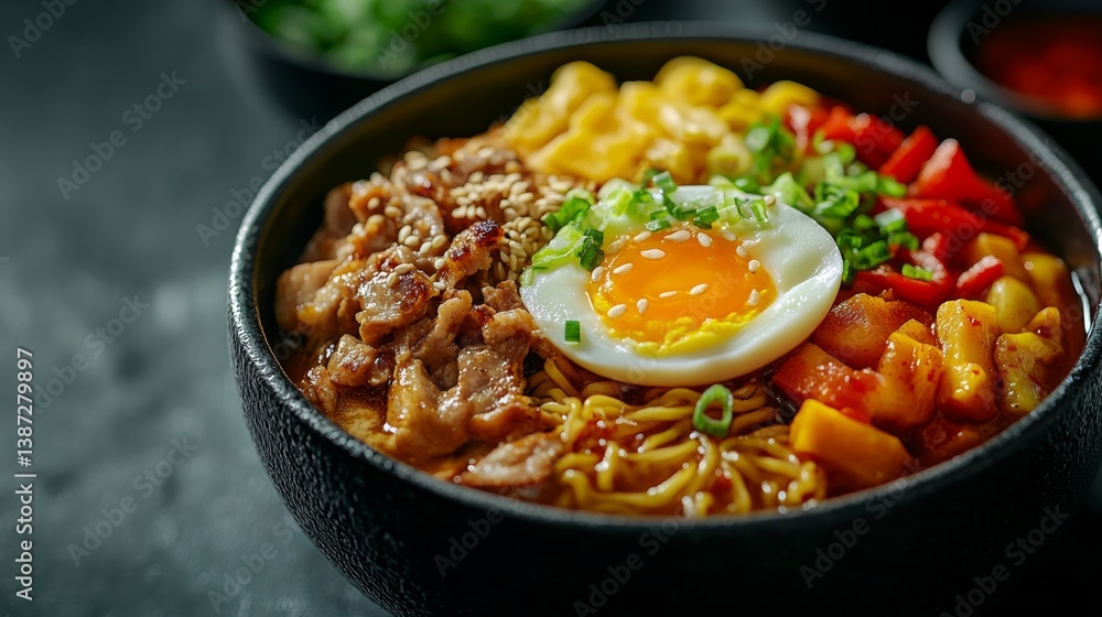A delicious bowl of ramen with egg, pork, and vegetables. Featuring warmth and flavor A delicious bowl of ramen with egg, pork, and vegetables. Featuring warmth and flavor