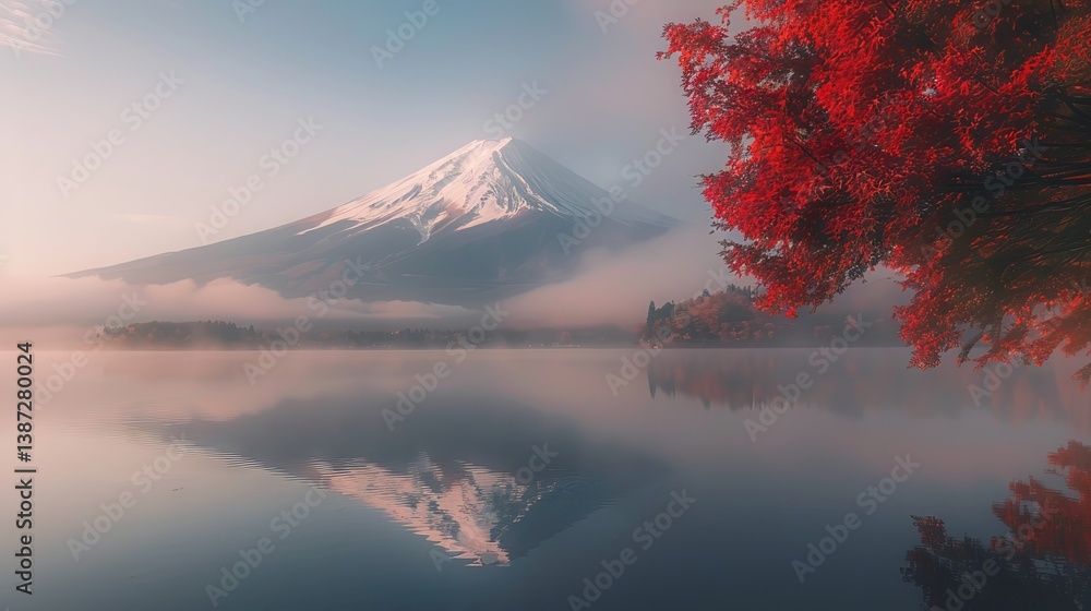 Colorful autumn trees with mount fuji and lake kawaguchiko view