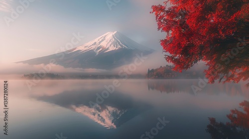 Obraz na płótnie Colorful autumn trees with mount fuji and lake kawaguchiko view w salonie