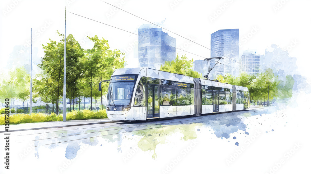 Naklejka premium modern tram travels through vibrant urban landscape, surrounded by lush greenery and contemporary buildings, evoking sense of movement