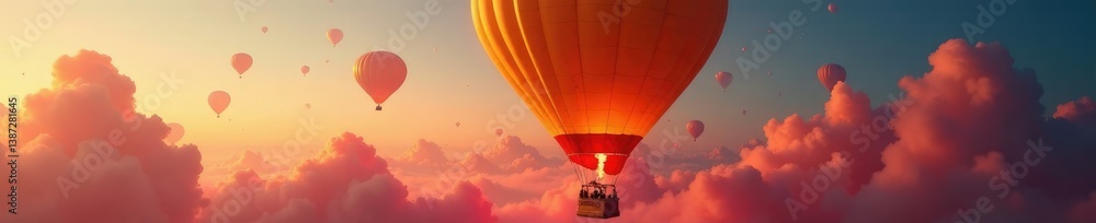 Fototapeta premium Hot air balloon filled with red and yellow gas, expanding, lifted, red