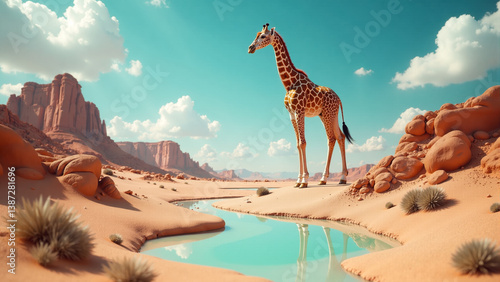 Wallpaper Mural Giraffe standing gracefully in a desert landscape under bright blue skies with fluffy clouds during midday Torontodigital.ca