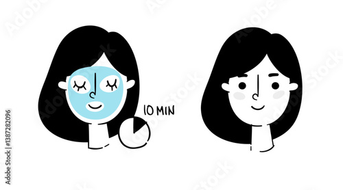 Vector illustration of a young woman showing cosmetic mask application. Hand-drawn doodle style instruction with time indicator. Great for skincare product designs, beauty and self-care concepts