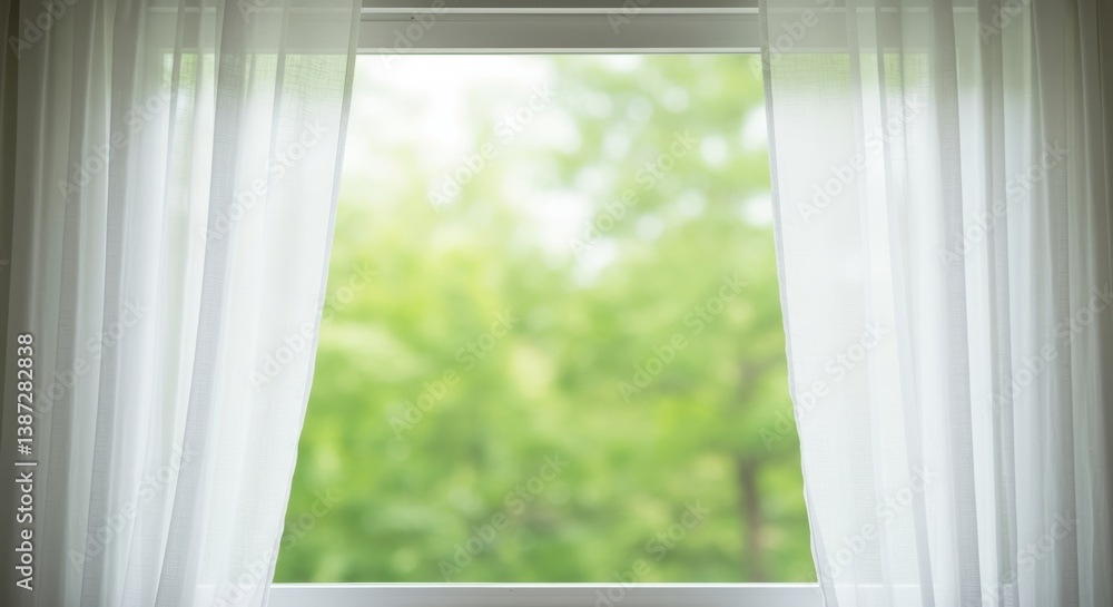 Serene window with white sheer curtains providing light and privacy. Interior design element for advertising real estate related topics and creating calming backgrounds. Serene window with white sheer curtains providing light and privacy. Interior design element for advertising real estate related topics and creating calming backgrounds.