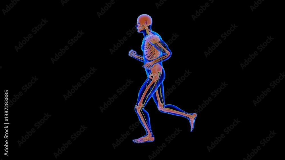 human skeleton anatomy movement while running side view 3D rendering human skeleton anatomy movement while running side view 3D rendering