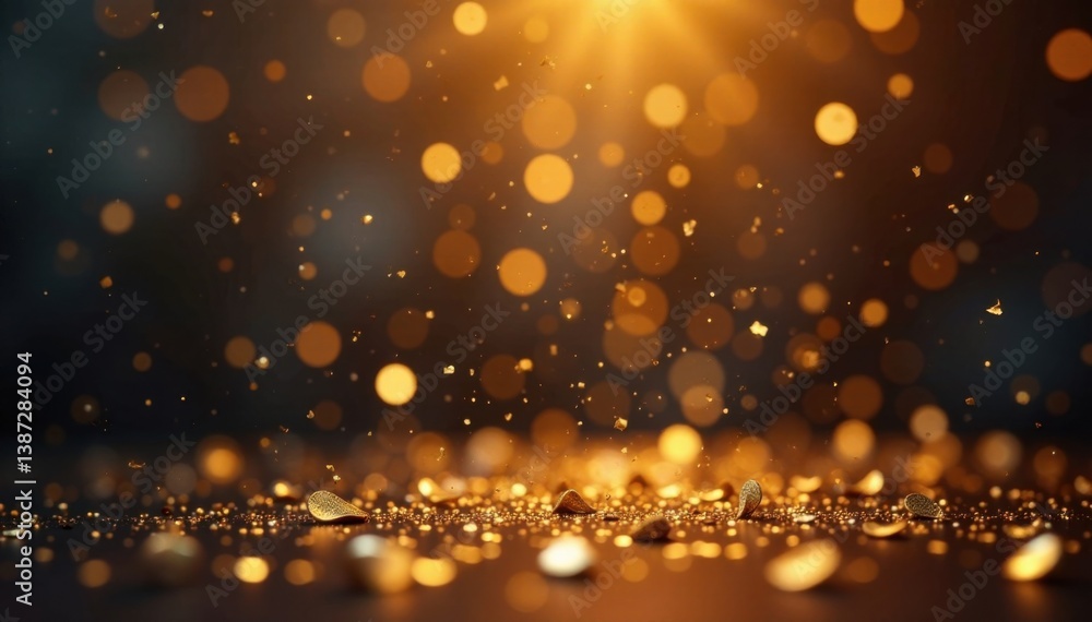 Shiny metallic gold confetti filling the air at a party , confetti, gold, lively