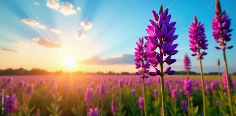 Obraz premium Purple Liatris flowers against a bright blue sky during sunrise, landscape photography, wildflowers