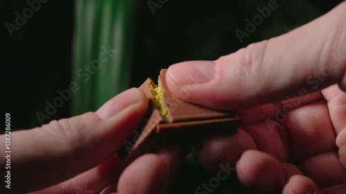 Dubai chocolate close up, hands breaking Dubai chocolate