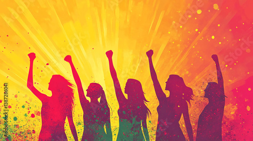 Silhouette of women raising fists in solidarity against a colorful background.