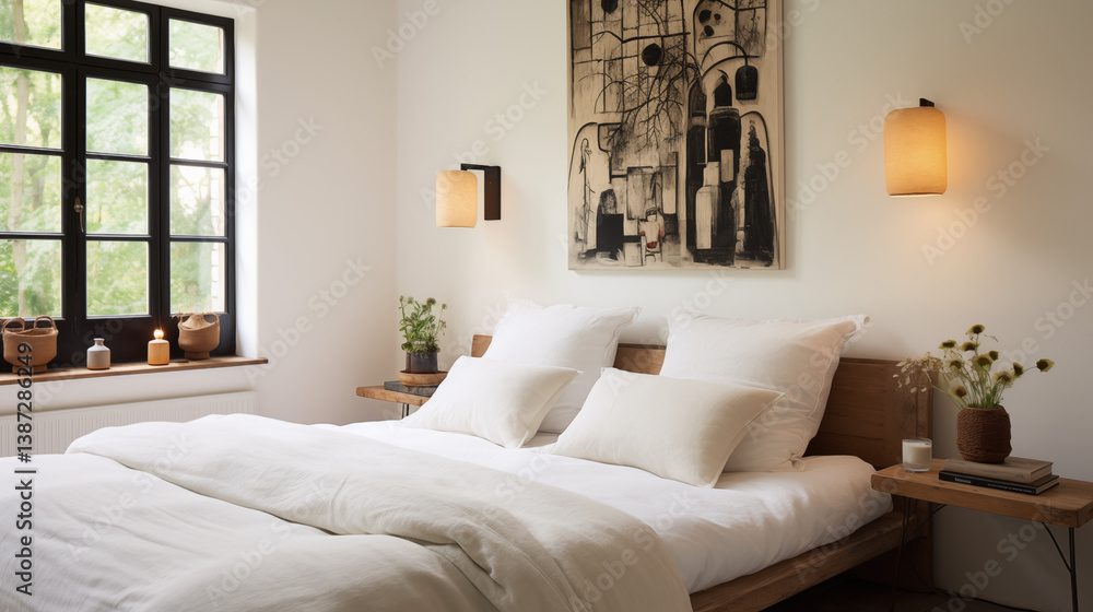 Fototapeta premium Chambre à coucher, plan sur un lit de couleurs claires et épurées, dans les tons blanc et beige. Drap, oreiller, couverture. Décorations, lumières douces. Pour conception et création graphique.
