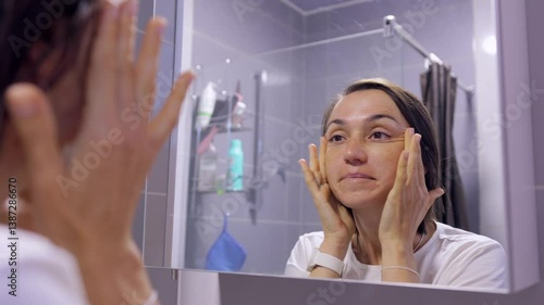 Woman in bathroom gently patting and smoothing face skin, checking reflection and examining complexion during daily skincare routine