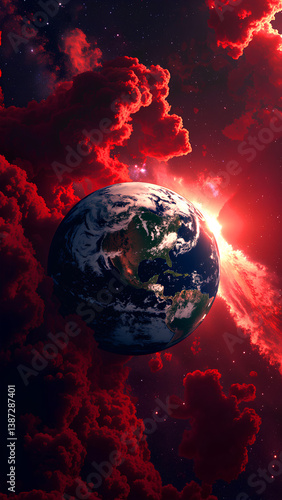 Earth Surrounded By Dramatic Red Nebula Cloud During Solar Storm With Intense Energy Burst