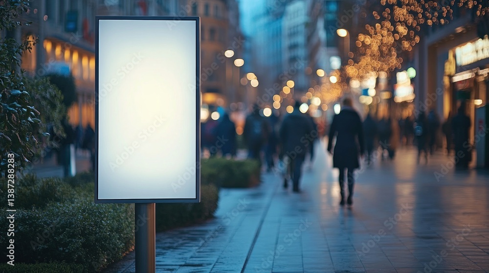 illuminated blank billboard on city street with blurred pedestrians and festive lights creating a vibrant urban marketing opportunity illuminated blank billboard on city street with blurred pedestrians and festive lights creating a vibrant urban marketing opportunity