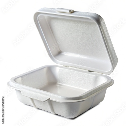 The expanded polystyrene container is open isolated on white background.