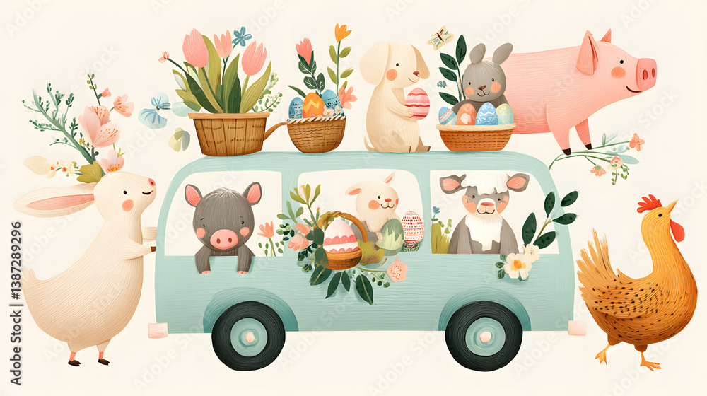 Naklejka premium A cute Easter caravan of farm animals, carrying baskets of eggs and spring flowers
