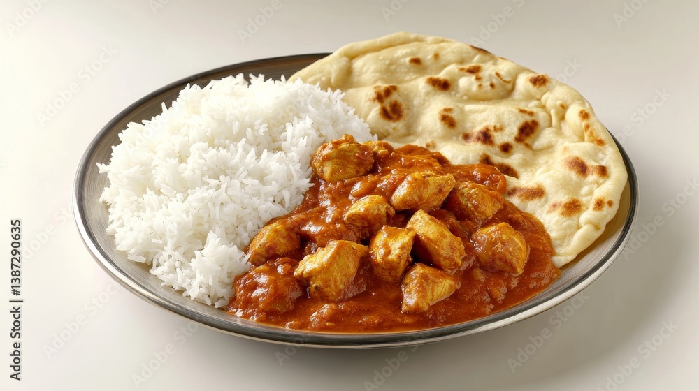 A flavorful chicken curry with rice and naan bread. Featuring spice and indulgence A flavorful chicken curry with rice and naan bread. Featuring spice and indulgence