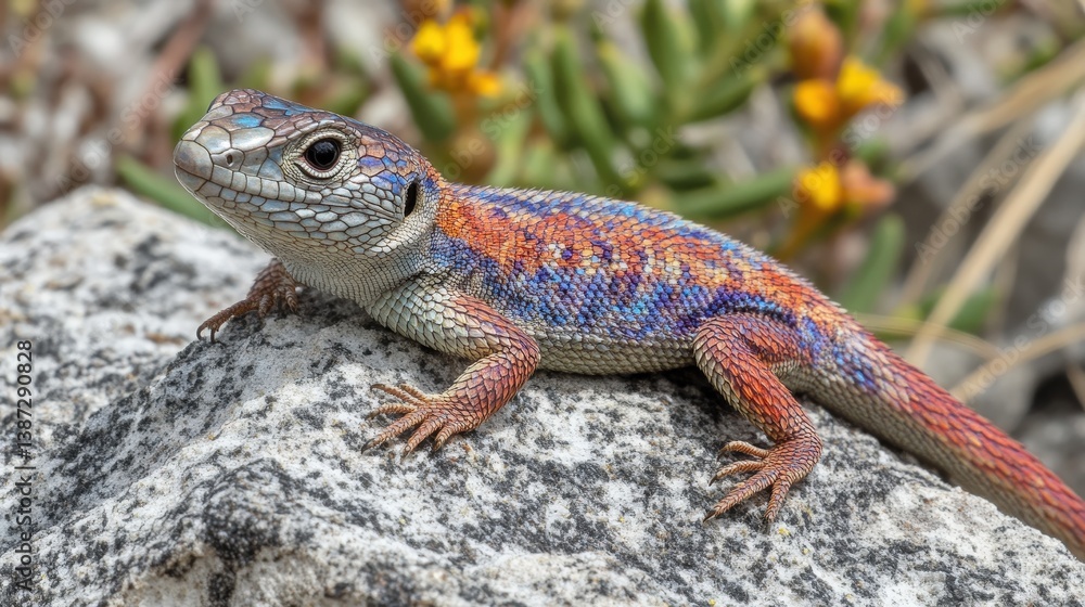 Fototapeta premium Colorful lizard basking on a rock in a vibrant natural habitat during the day
