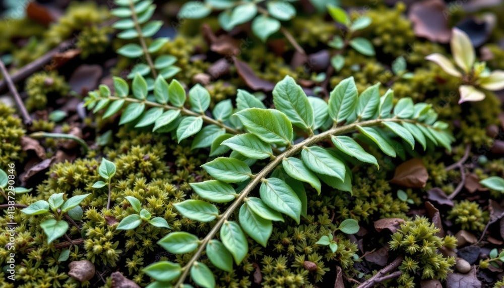 Fototapeta premium Fern Leaves and Moss Generate an image combining delicate fern leaves interspersed with soft moss.