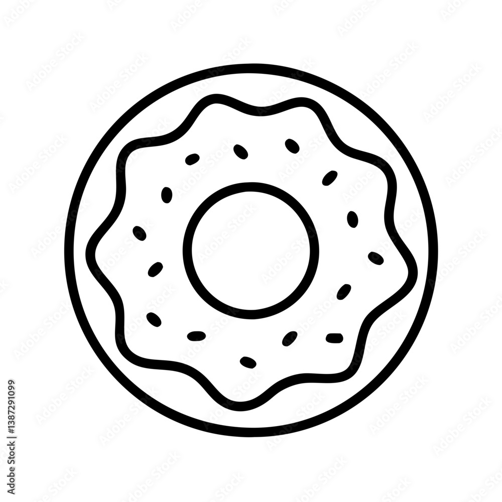 Delicious donut vector illustration with sprinkles, bakery item, sweet treat, dessert, outline, isolated drawing Delicious donut vector illustration with sprinkles, bakery item, sweet treat, dessert, outline, isolated drawing