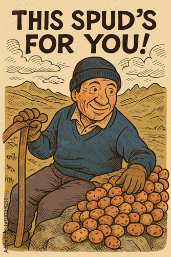 Friendly Farmer with Potatoes in Hand-drawn Illustration Style Portrait