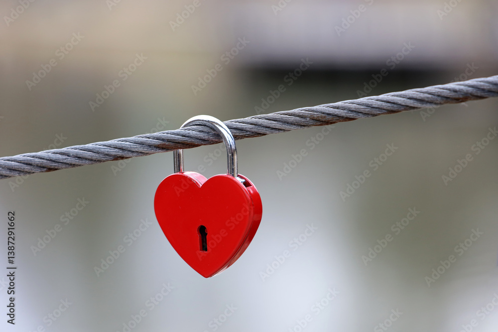 Padlock in heart shape. Lock hanging in a river bridge, symbol of eternal love