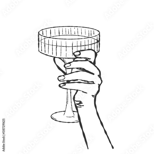 Hand holding Cocktail or Champagne Glass. Cheers vector illustration for greeting card, postcard, placard, invitation, menu design. hand drawn whimsical linear style