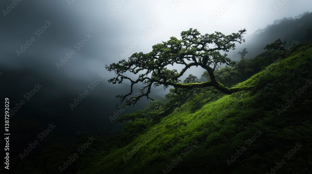Obraz premium Solitary tree on a lush hillside with fog rolling in. Nature background use