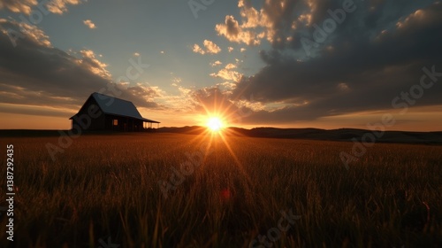 Rustic farmhouse at golden sunset over a wheat field
