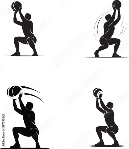 Man Exercising With Medicine Ball Squat Silhouette Vector Illustration Set