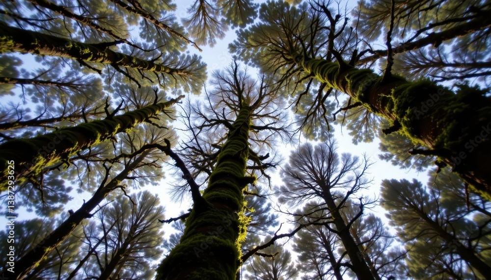 Fototapeta premium Mossy Forest Canopy Generate an image looking up at a forest canopy with moss clinging to branches.