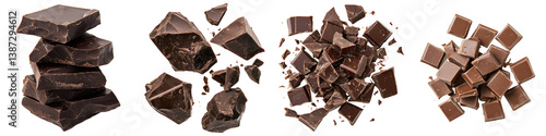 Four arrangements of broken dark chocolate chunks.