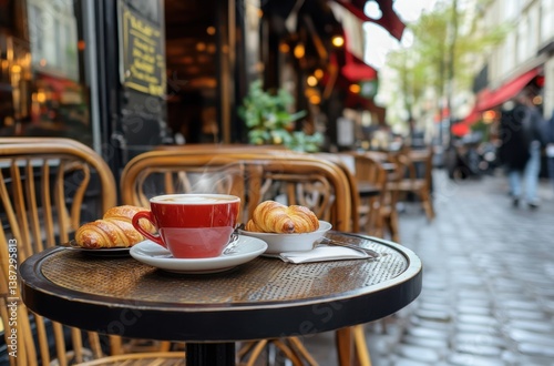 Fototapeta Naklejka Na Ścianę i Meble -  in Paris, with outdoor seating, croissants on the