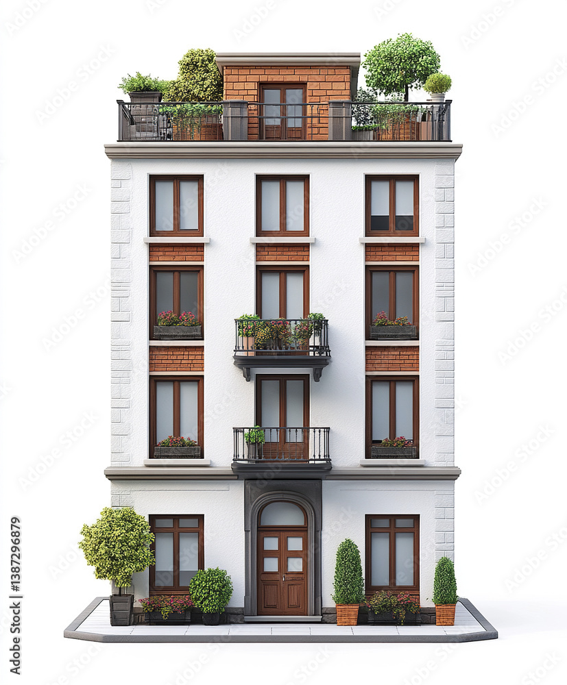 Fototapeta premium Elegant condominium with lush greenery on white background