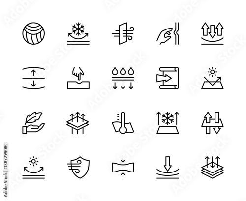 Fabric properties related vector linear icons set. Contains such icons as threads, density, softness, elasticity and more.