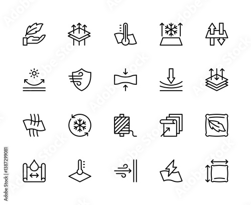 Fabric properties related vector linear icons set. Contains such icons as lightweight, breathable, durable, breathability and more.