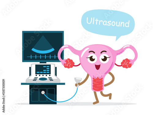 Uterus and ultrasonography machine . Funny medical cartoon character . Isolated white background . Vector .