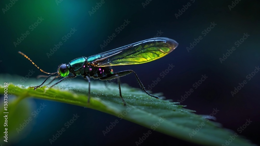 Close-Up of Metallic Green Insect with Transparent Wings Perched on a Leaf Close-Up of Metallic Green Insect with Transparent Wings Perched on a Leaf