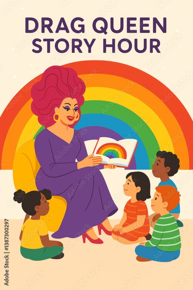 Drag Queen Story Hour Illustration with Rainbow and Children Listening