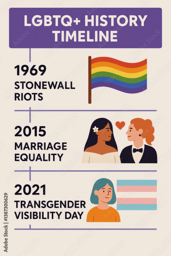 LGBTQ+ History Timeline with Key Events and Pride Illustrations