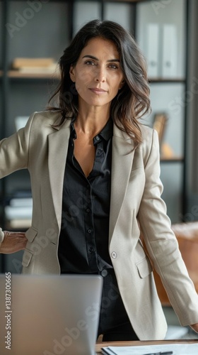 Confident middle-aged Hispanic businesswoman standing next to office desk in modern workplace, professional attire, calm expression, leadership presence, executive and career concept Free Download Confident middle-aged Hispanic businesswoman standing next to office desk in modern workplace, professional attire, calm expression, leadership presence, executive and career concept - GFXLoad
