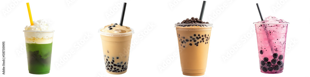Four iced boba drinks with toppings. Four iced boba drinks with toppings.