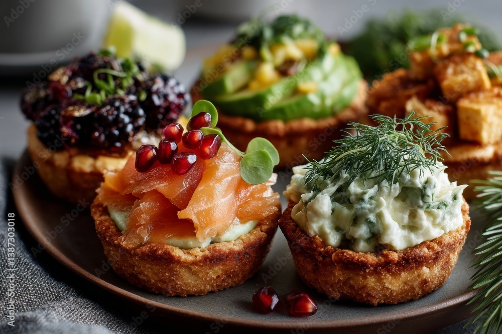 Colorful Fruit and Smoked Salmon Tartlets on a Wooden Platter Colorful Fruit and Smoked Salmon Tartlets on a Wooden Platter