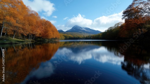 A calm lake reflects a majestic mountain peak and vibrant orange autumn trees under a blue sky.