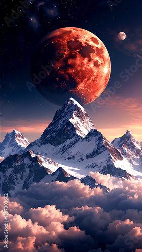Red Planet Rising Over Majestic Snow-Capped Mountain Peaks With Dramatic Cloud Formation
