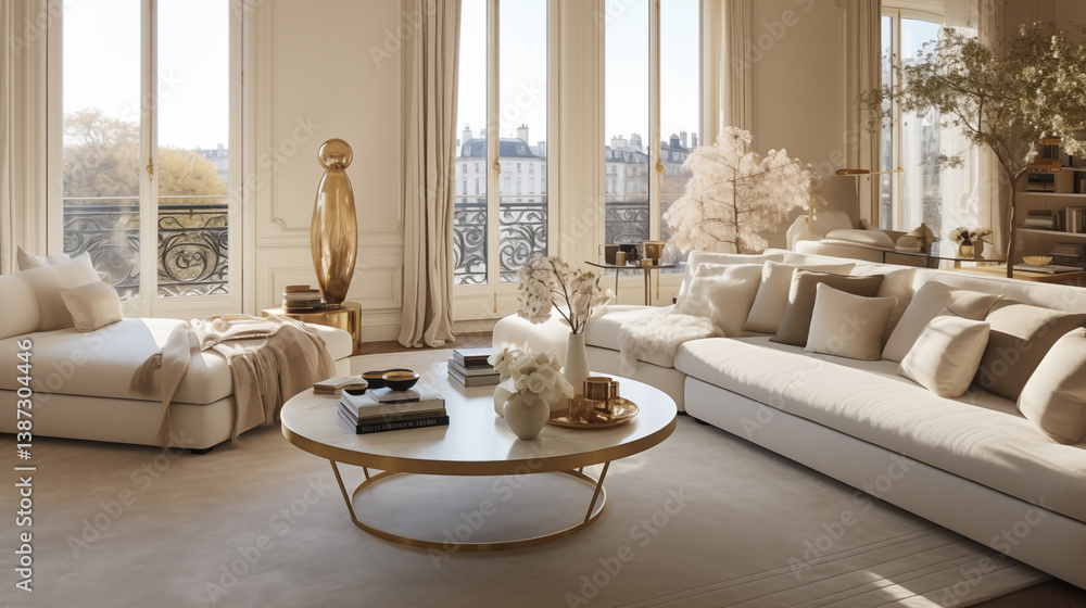 Fototapeta premium Plan sur un salon moderne, art décoratif. Élégant, luxe. Décorations, lumières douces. Pour conception et création graphique.